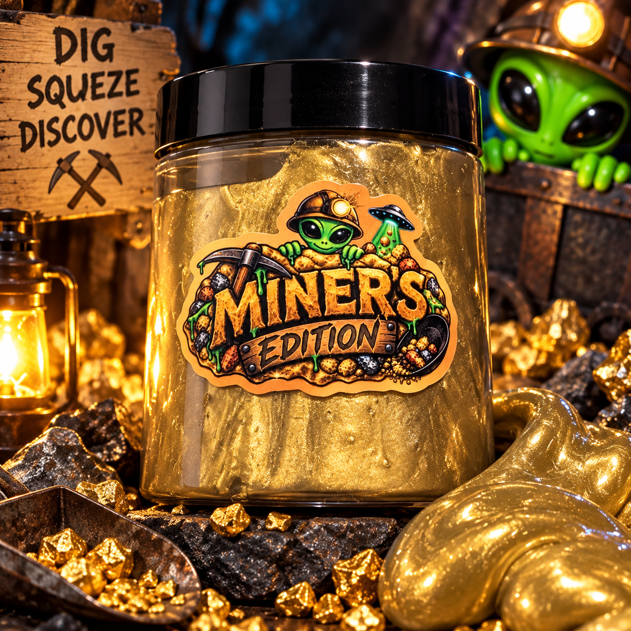 Alien Poopie Miner's Edition gold shimmer slime tub